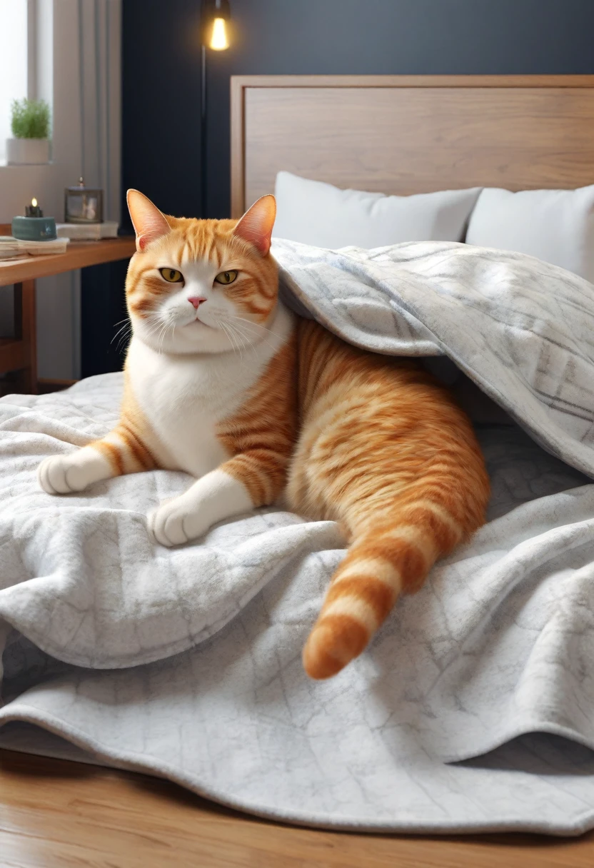 inside bedroom there is a chubby cat that is laying under a blanket on the bed, a sick cat laying in a bedroom, gif, awww, ginger cat, very very realistic, very hyper realistic, 