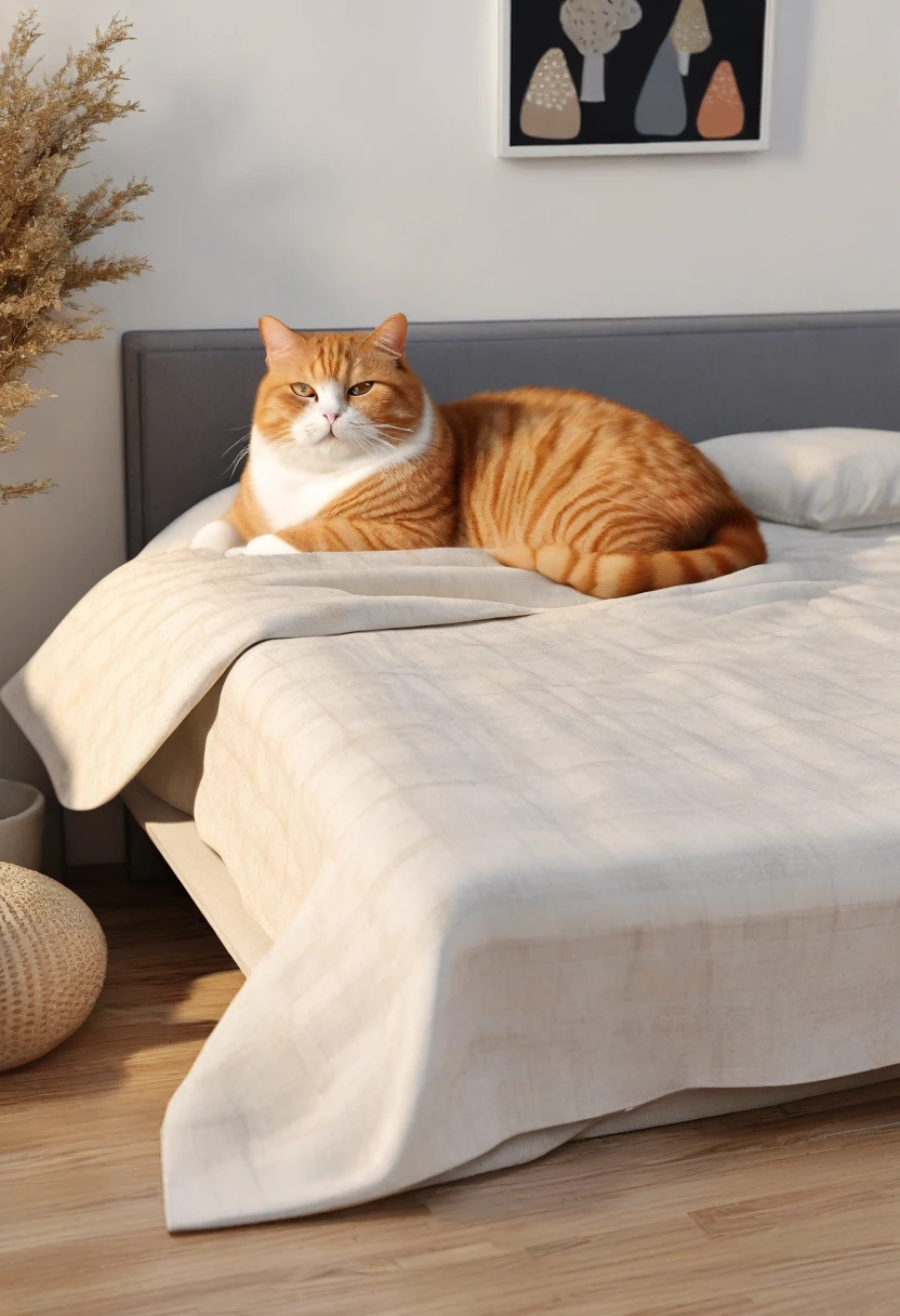 inside bedroom there is a chubby cat that is laying under a blanket on the bed, a sick cat laying in a bedroom, gif, awww, ginger cat, very very realistic, very hyper realistic, 