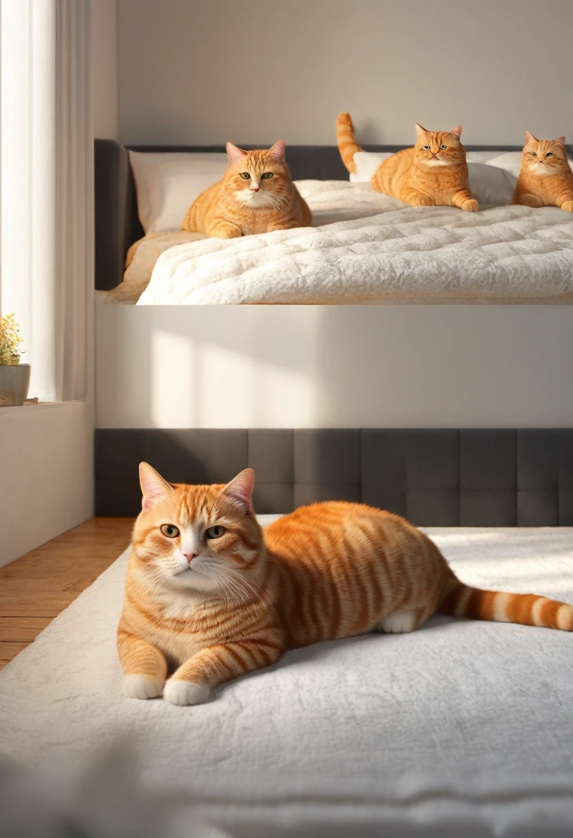 inside bedroom there is a chubby cat that is laying under a blanket on the bed, a sick cat laying in a bedroom, gif, awww, ginger cat, very very realistic, very hyper realistic,