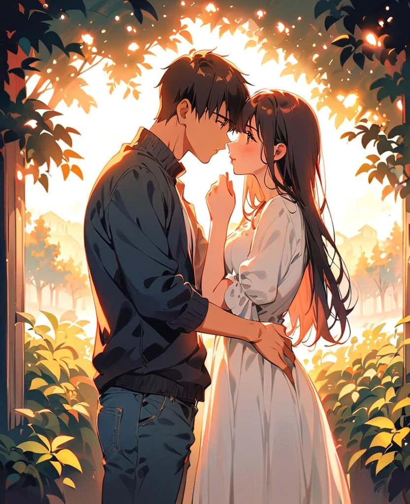 (Highest quality:1.2), 1 Girl, 1 boy, Face to face, Looking at each other, Stand apart, both Stand apart, kiss, Blue Jeans, whole body, Fine grain, Detailed lips, Beautiful atmosphere, Sunlight filtering through the trees, Vibrant colors, Landscape Background, Soft lighting, Breeze, Romantic moments