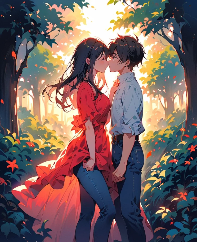 (Highest quality:1.2), 1 Girl, 1 boy, Face to face, Looking at each other, Stand apart, both Stand apart, kiss, Blue Jeans, whole body, Fine grain, Detailed lips, Beautiful atmosphere, Sunlight filtering through the trees, Vibrant colors, Landscape Background, Soft lighting, Breeze, Romantic moments