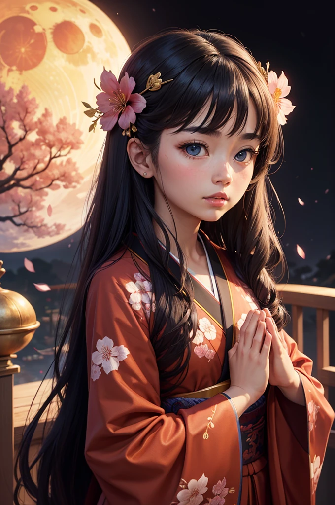 ((Praying Hands)),Upper Body,View your viewers,Facing the front,Gorgeous red kimono,Intricate patterns that complement the kimono,Long black hair,Pink cherry blossom hair accessory,Beautiful and delicate face,blue eyes,Big eyes,Extremely fine resolution,Highest quality,Golden Background,((Golden Moon)),Mysterious,Cherry Blossoms at Night