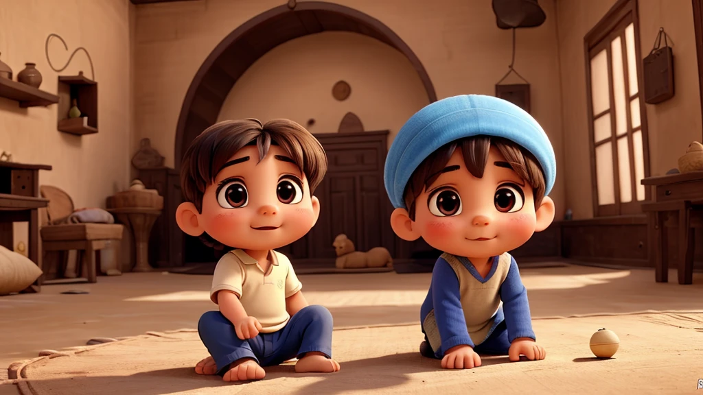 one Baby Musa depicted with soft, round features and innocent, curious eyes, reflecting his Middle Eastern heritage in an old house in Egypt. His expression conveys wonder and trust, with big smile ,with eyes widened in curiosity as he observes the world around him. The animation theme focuses on innocence and vulnerability, with gentle and tentative movements depicting his early interactions with the world.