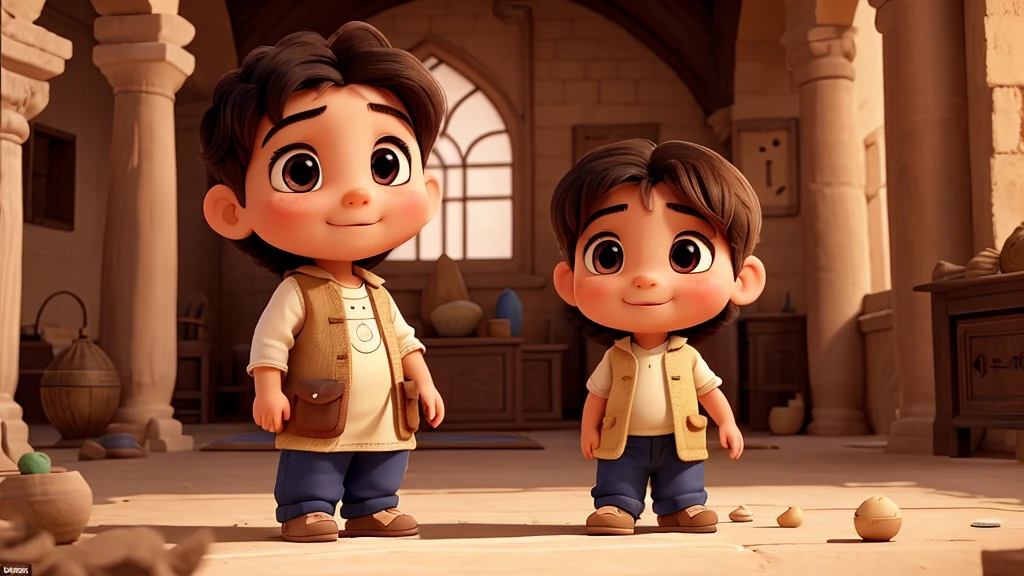 one Baby Musa depicted with soft, round features and innocent, curious eyes, reflecting his Middle Eastern heritage in an old house in Egypt. His expression conveys wonder and trust, with big smile ,with eyes widened in curiosity as he observes the world around him. The animation theme focuses on innocence and vulnerability, with gentle and tentative movements depicting his early interactions with the world.