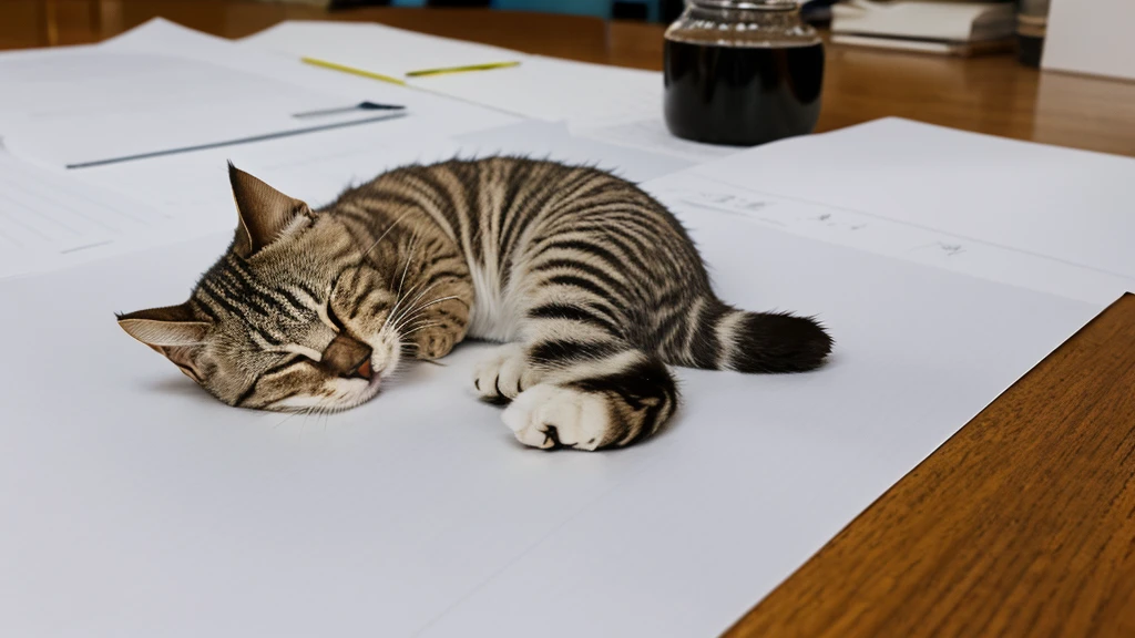 Create an image of a sheet of high quality drawing paper lying on an artist's table. On the paper is drawn a hyperdetailed photorealistic black and white image of a tabby cat curled up asleep. On top of the table and lying next to the image is the artist's actual cat, which was a model for the cat on the paper. It is an orange tabby, and it has curled up asleep next to the image on the paper. It is also hyperdetailed and photorealistic.