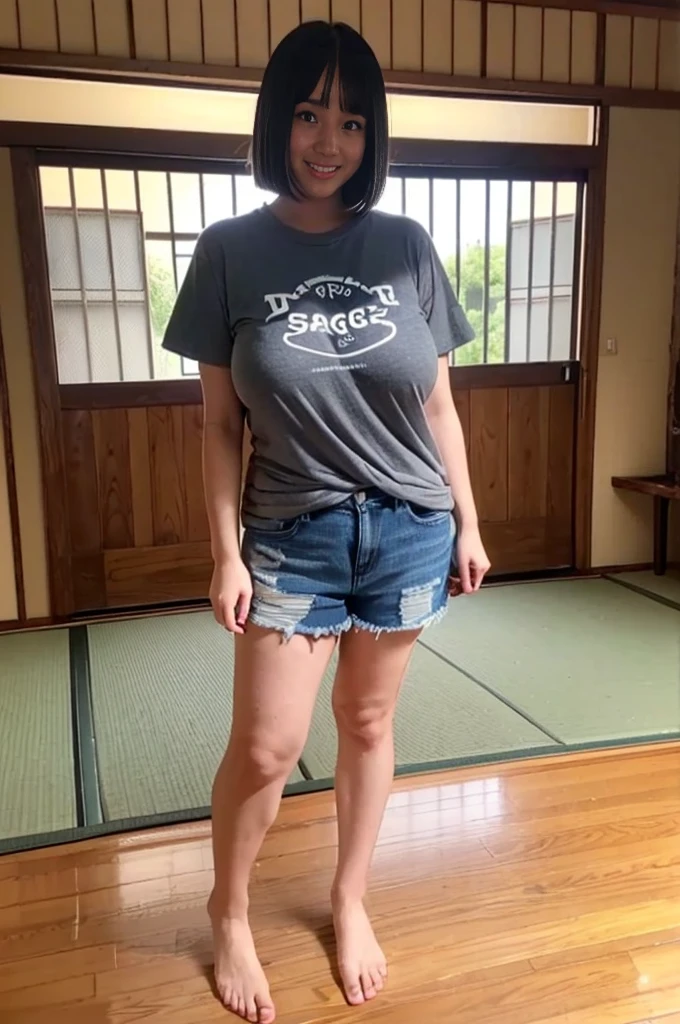 girl, Black A-line bob cut, cute smile girl, (standing), (((oversized gray T-shirt))), denim shorts, barefoot, (((clothed huge breasts, huge breasts, sagging breasts,))), (((looking down))), symmetrical eyes, full body shot, washitsu, scenery, tatami, sliding doors, indoors, window,