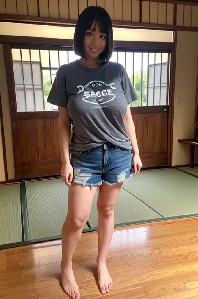 girl, Black A-line bob cut, cute smile girl, (standing), (((oversized gray T-shirt))), denim shorts, barefoot, (((clothed huge breasts, huge breasts, sagging breasts,))), (((looking down))), symmetrical eyes, full body shot, washitsu, scenery, tatami, sliding doors, indoors, window,