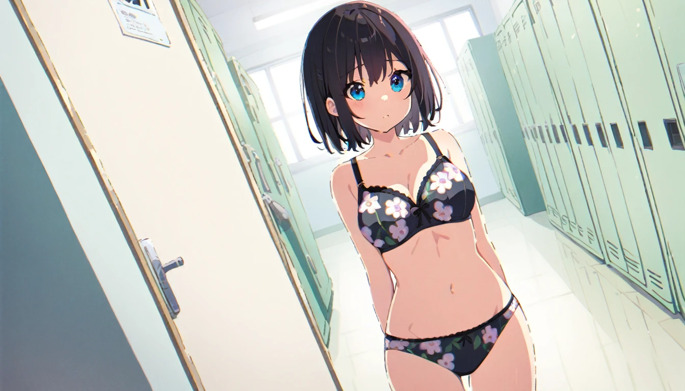 One girl with black bob hair、Floral bra、Floral print panties、Standing posture、locker room