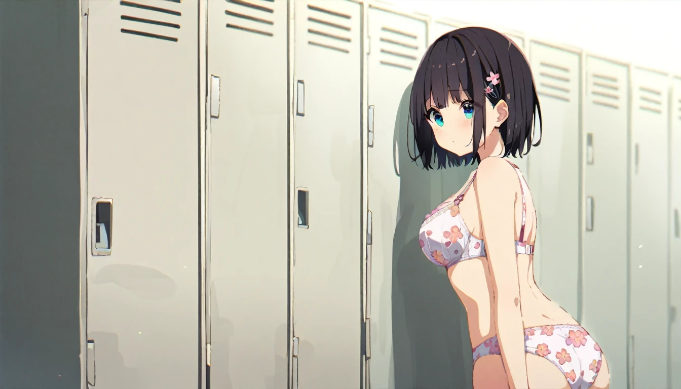 One girl with black bob hair、Floral bra、Floral print panties、Standing posture、locker room