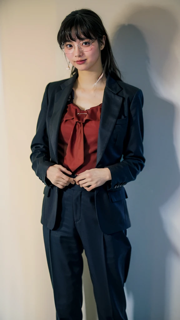 (8k、RAW Photos、highest quality、masterpiece:1.2)、(Realistic、Realistic)、1 girl、((large size black suit、red tie、rub my chest、pants suit、turn knees out、pelvic forward、over size suit、Woman grabs her own breasts、boyish、tom boy、public indecency、bend knees、 sexy suit、mens suit、large suit、hutanari 、grabbing breasts、 Leg spread、Bow-legged、Touching as if groping the breasts、Wide Stride、Leg spread、smile、plastic frame eyewear、sexy、I can see your chest、View from the front、Stand with hands on hips、In the city))、