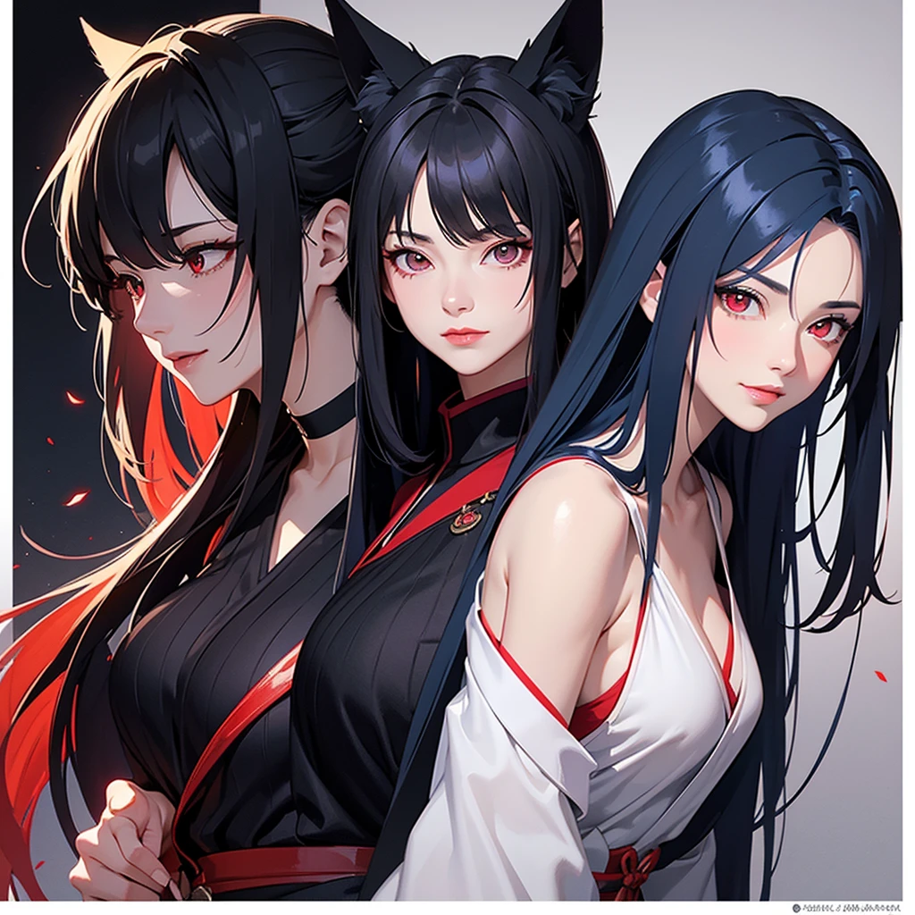 One Mature Woman。A close-up of her cleavage from a profile angle。 Smiling and looking up。 Samurai ready to draw his sword。 Dark Background。 Long blue hair and wolf ears。Red eyes。 Clothes with main color black and sub color red。 Draw hands in detail。