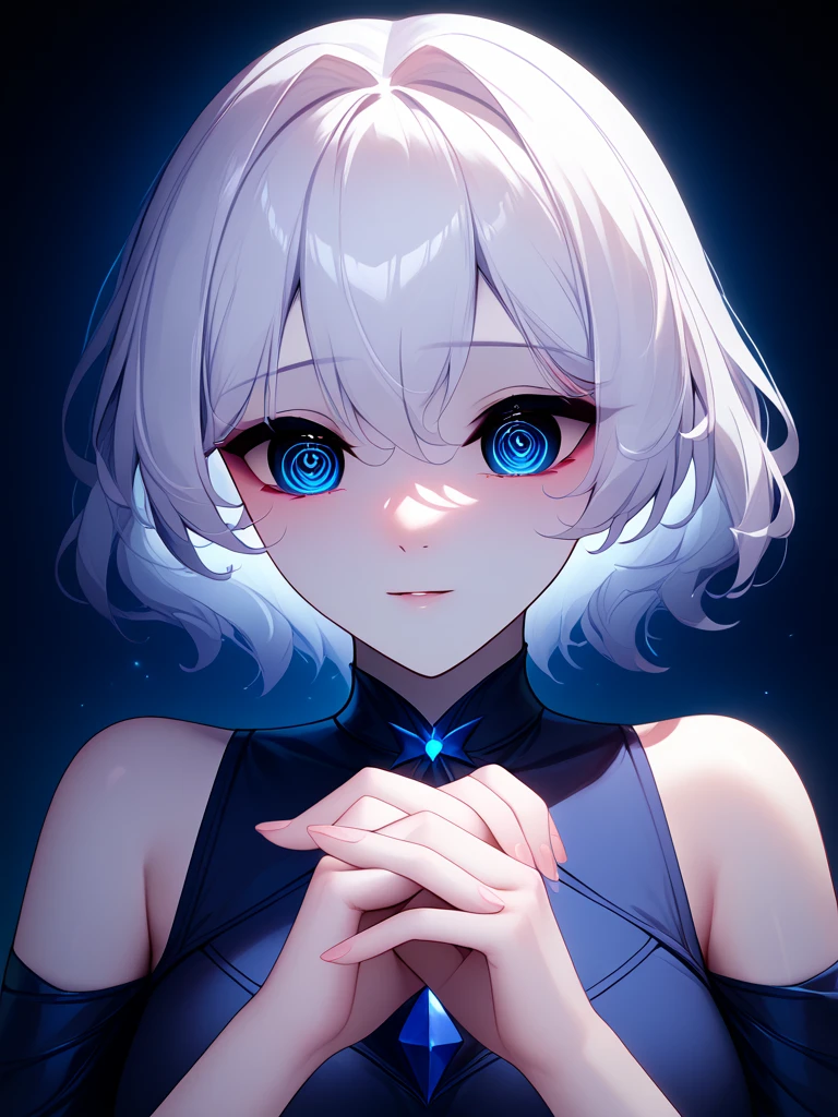 Sleet(Blue base color, white hair)、(Medium Hair)、White skin、Long sleeve off shoulder、resolution, unity 8k wallpaper, (figure:0.8), (Detailed and beautiful eyes:1.6), Highly detailed face, Perfect lighting, Extremely detailed CG, (Perfect hands, Perfect Anatomy), , t