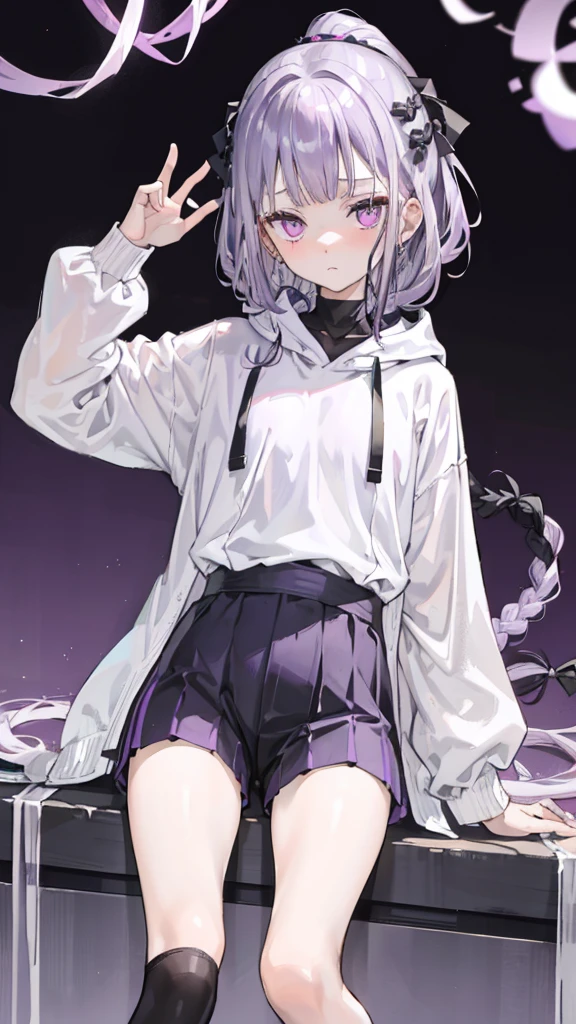 boy thoughtful look open forehead. white and purple hair braided in a ponytail on the left side to one side. sinuous black horns wrapped in dark purple ribbon. pale violet eyes. in short dark purple shorts. long white T-shirt. dark purple knee-high socks. white long coat with hood. black limit stone walls purple light from lamps