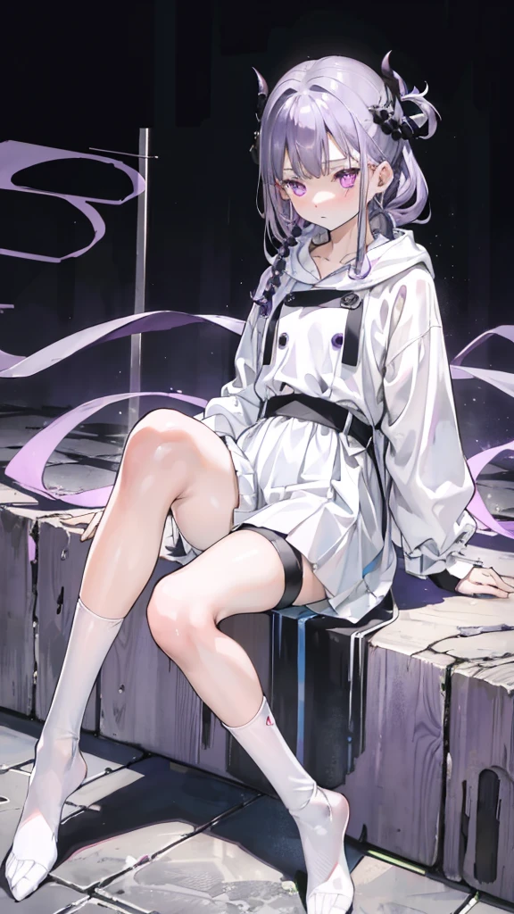 boy thoughtful look open forehead. white and purple hair braided in a ponytail on the left side to one side. sinuous black horns wrapped in dark purple ribbon. pale violet eyes. in short dark purple shorts. long white T-shirt. dark purple knee-high socks. white long coat with hood. black limit stone walls purple light from lamps