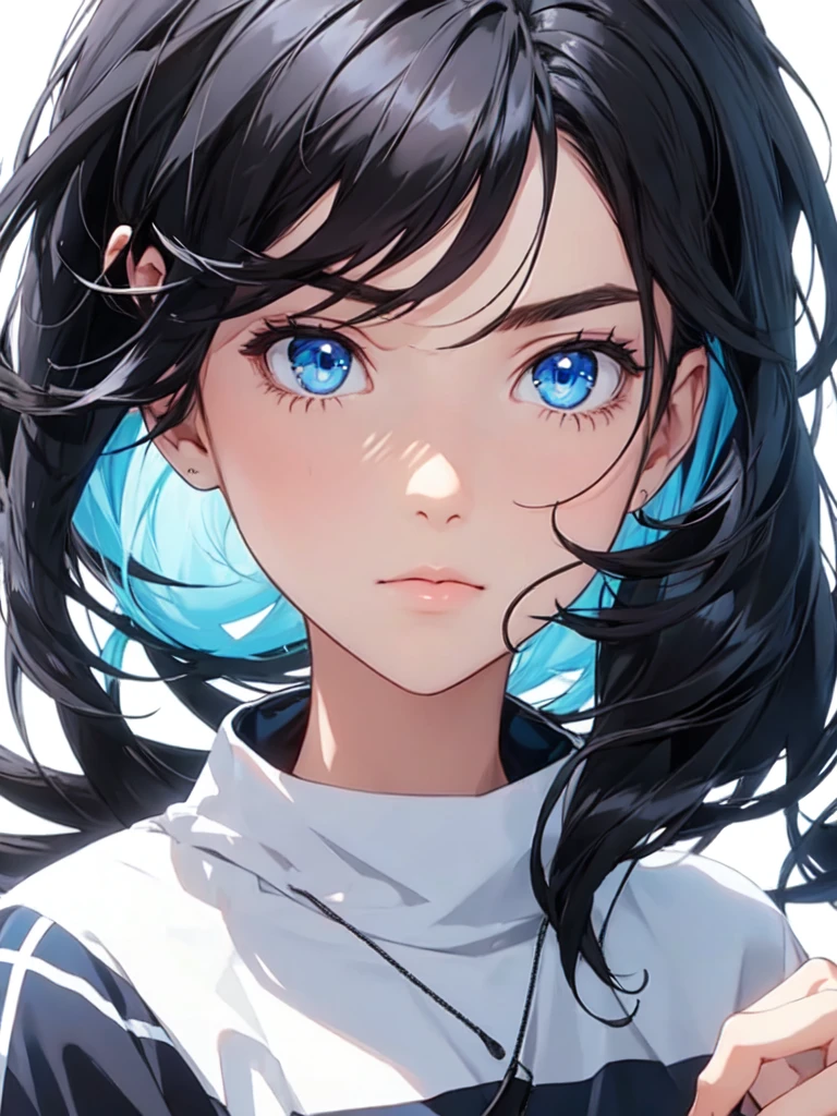 1girl,blank background,looking at viewer,blue eyes,black hair,gamer,gaming