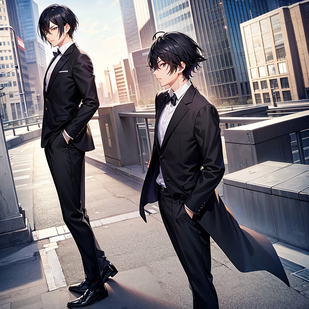 Anime black-haired man in a suit turns his back and stands in the city.