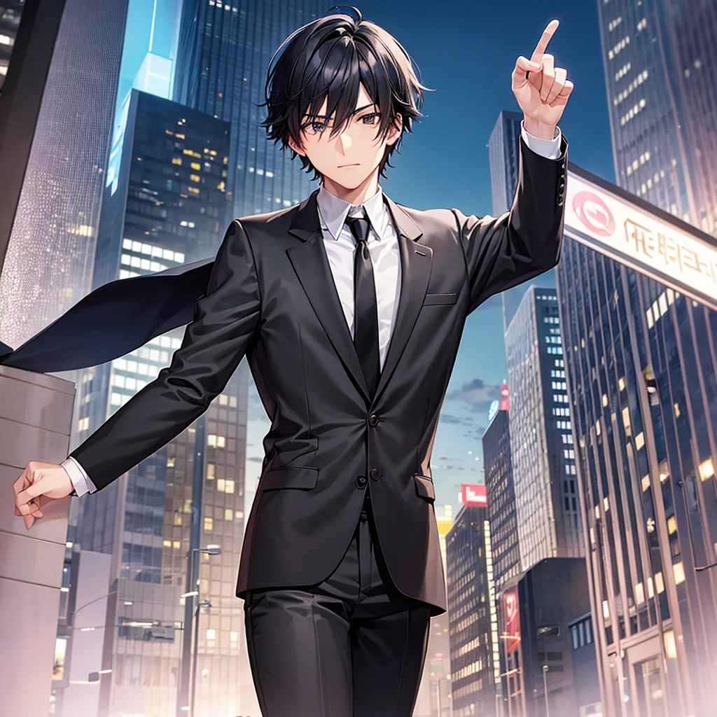 Anime black-haired man in a suit turns his back and stands in the city.