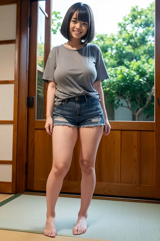 girl, Black A-line bob cut, cute smile girl, (standing), (((oversized gray T-shirt))), denim shorts, barefoot, (((clothed huge breasts, huge breasts, sagging breasts,))), (((looking down))), symmetrical eyes, full body shot, washitsu, scenery, tatami, sliding doors, indoors, window,