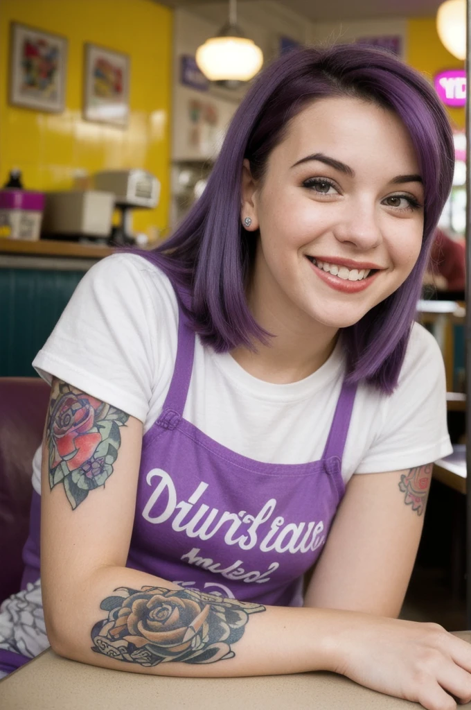 street photography photo of a young woman with purple hair, smile, happy, cute t-shirt, tattoos on her arms, sitting in a 50s diner
