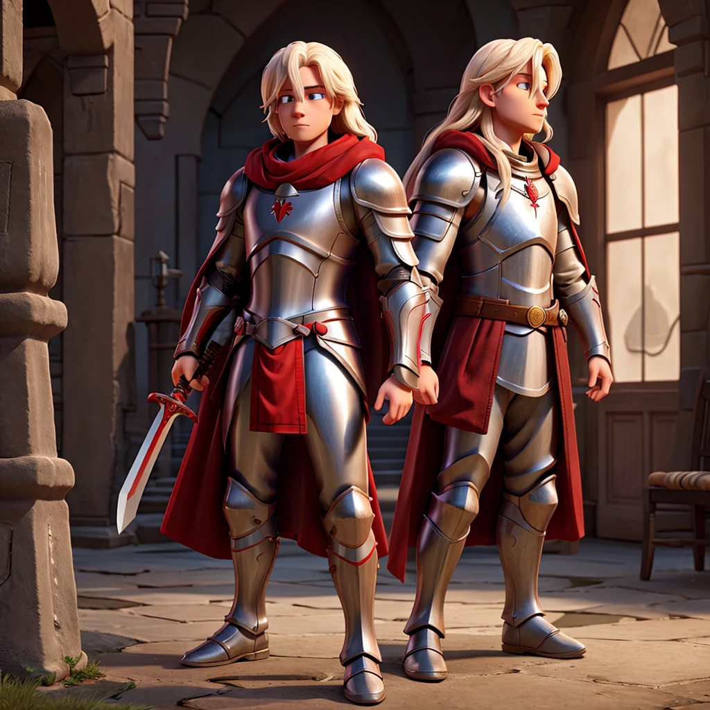 One Male albino knight with long hair, wearing heavy armor with a red hood carrying a long swords