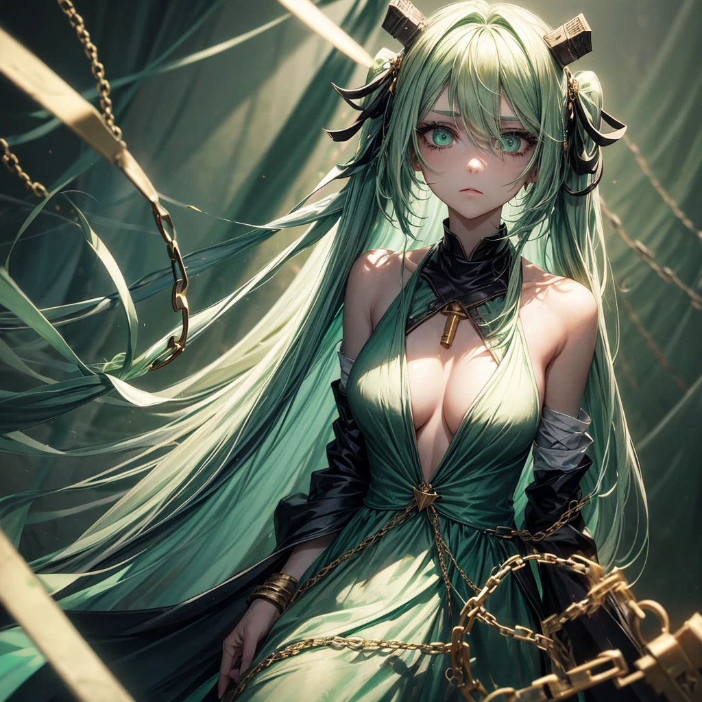 a tired girl with long mint green hair, mint green eyes, with shadowy eye makeup, bandages around chest, black key through her head, in a background of golden keys and chains