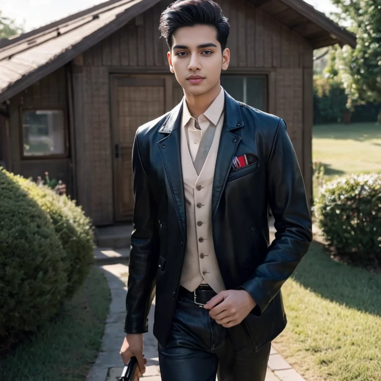 Aarav looks at the camera, perfect has a round face, A well-maintained model, handsome face,Close-up of a man wearing a black leather jacket., Southeast Asians with round faces, 3-D profile picture, 8K, 45,000,000 pixcls, realistic light colors
