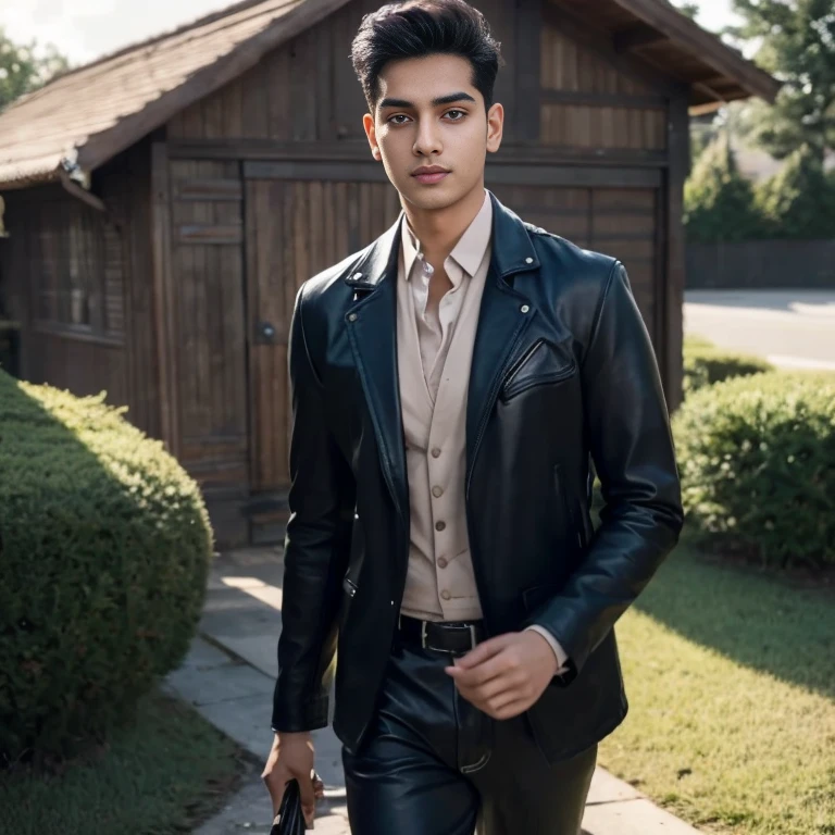 Aarav looks at the camera, perfect has a round face, A well-maintained model, handsome face,Close-up of a man wearing a black leather jacket., Southeast Asians with round faces, 3-D profile picture, 8K, 45,000,000 pixcls, realistic light colors