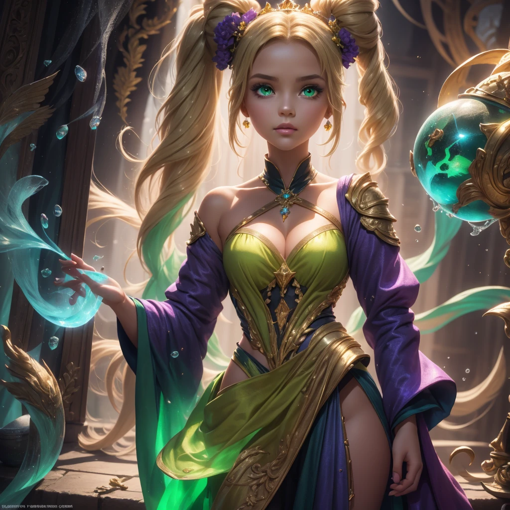 Flower Princess, 22 year old, Rapunzel, Beautiful, Glowing yellow glow, Long blonde hair, Green eyes, Lilac dress, Green ivy, Nice face, Soft tan skin,Art germ, Ultra-detailed and sophisticated Gothic art trends in Artstation's ternary colors, Fantastical, intricately details, Splash screen, Complementary colors, fantasy concept art,