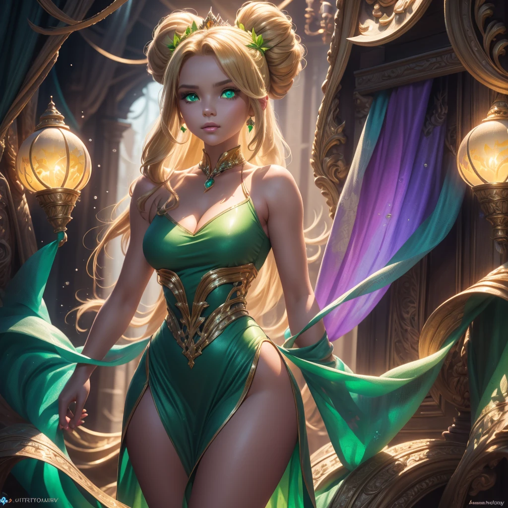 Flower Princess, 22 year old, Rapunzel, Beautiful, Glowing yellow glow, Long blonde hair, Green eyes, Lilac dress, Green ivy, Nice  face, Soft tan skin,Art germ, Ultra-detailed and sophisticated Gothic art trends in Artstation's ternary colors, Fantastical, intricately details, Splash screen, Complementary colors, fantasy concept art,