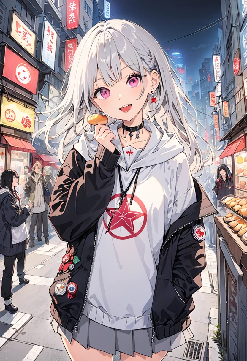 (masterpiece:1.2)、Highest quality、PIXIV、Rebellious girl、One girl、Open your mouth、鋭いteeth、teeth、Long Hair、Street background、gem、badge、ボタンbadge、Food、Pink Eyes、Earrings、Jacket、eyelash、Foodを下にして、star (symbol)、Upper Body、Characters in clothes、zipper、collar、cable、chain、tongue、Stickers、hoodie、smile、spike、Focus on the viewer、長いtongue、Chest in the center、Shoulder Bare、Belly button、Black and white hair color,leaning forward,Cyberpunk city,Night view,Black and white grey outfit