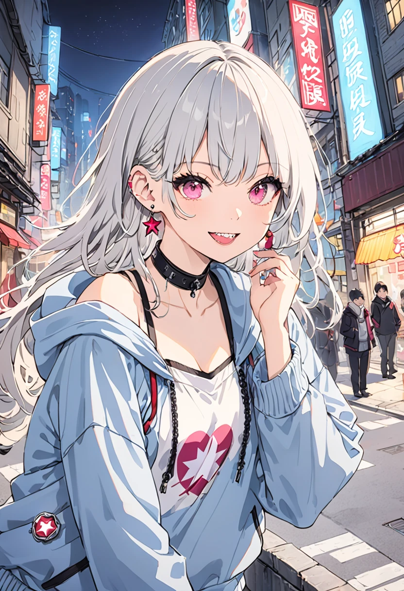 (masterpiece:1.2)、Highest quality、PIXIV、Rebellious girl、One girl、Open your mouth、鋭いteeth、teeth、Long Hair、Street background、gem、badge、ボタンbadge、Food、Pink Eyes、Earrings、Jacket、eyelash、Foodを下にして、star (symbol)、Upper Body、Characters in clothes、zipper、collar、cable、chain、tongue、Stickers、hoodie、smile、spike、Focus on the viewer、長いtongue、Chest in the center、Shoulder Bare、Belly button、Black and white hair color,leaning forward,Cyberpunk city,Night view,Black and white grey outfit