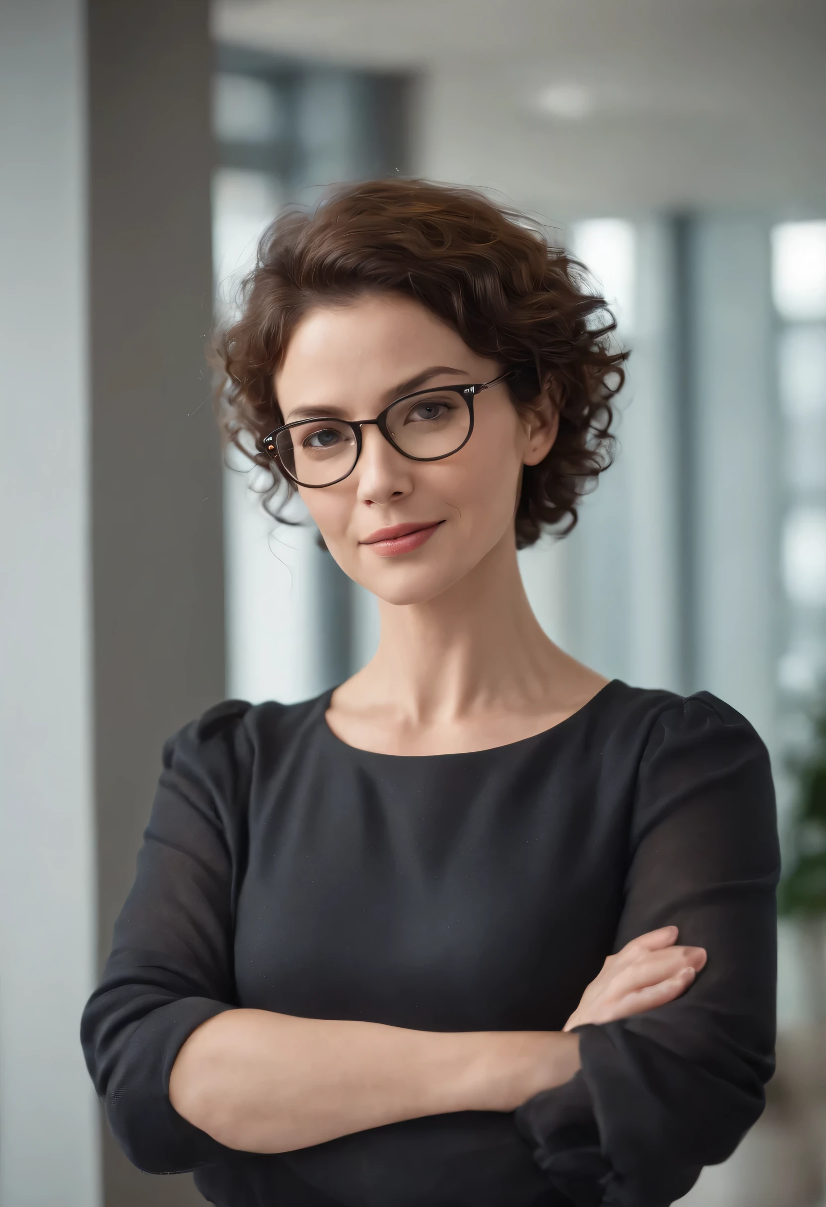(whole body), (standing), a 40 year old woman looking at the camera, short curly hair, detailed gorgeous face, smiling lightly, black blouse with buttons, action photo, cups, Empty office background, giorno, photo realist, CG, art station, work of art, HD photography