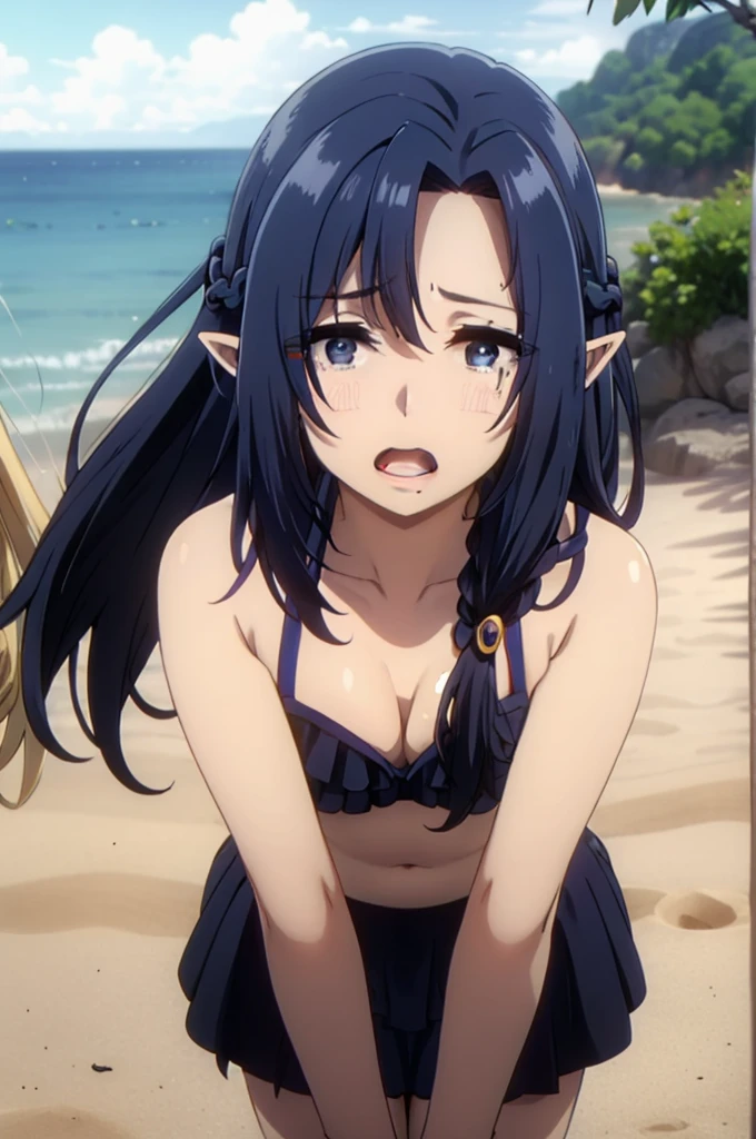 dark blue hair,,long hair,blue eyes,pointy ears,elf,(((bikini))),on the beach,aquascreaming screaming open mouth crying with eyes open
