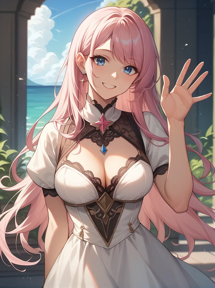 ((Best quality)), ((masterpiece)), (detailed), ((perfect face)), One Girl、Pink long hair、blue eyes、A white dress with black lace、large pink ribbon on the chest、Ocean、Waving、smile