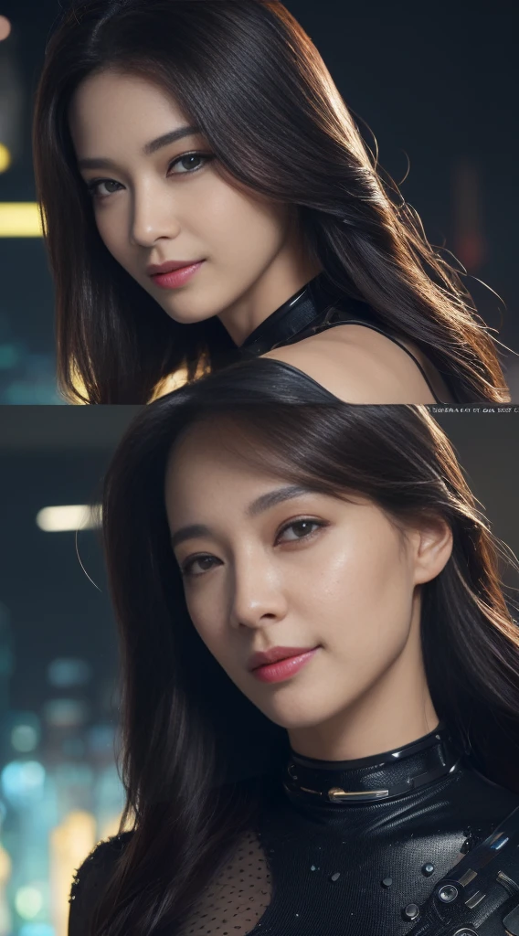 ((top-quality、8K、masterpiece:1.3))、sharp:1.2、Perfect Body Beauty:1.4、Slim abs:1.2、Big、Beautiful face、A smile、((Career Woman:1.3))、(Cyberpunk background:1.2)、Straight hair、Highly detailed facial and skin texture、A detailed eye、Aspect of looking at the camera