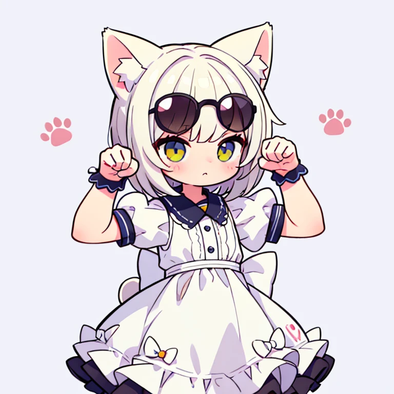 ((Highest quality)), ((masterpiece)), (detailed), Perfect Face, Perfect Arms, anime, Ultra-fine illustration, ((1 person)),((White Cat Girl)), cute, Cat ear, White midi dress, ((sunglasses)), (Cat Pose:1.3), Cowboy Shot,