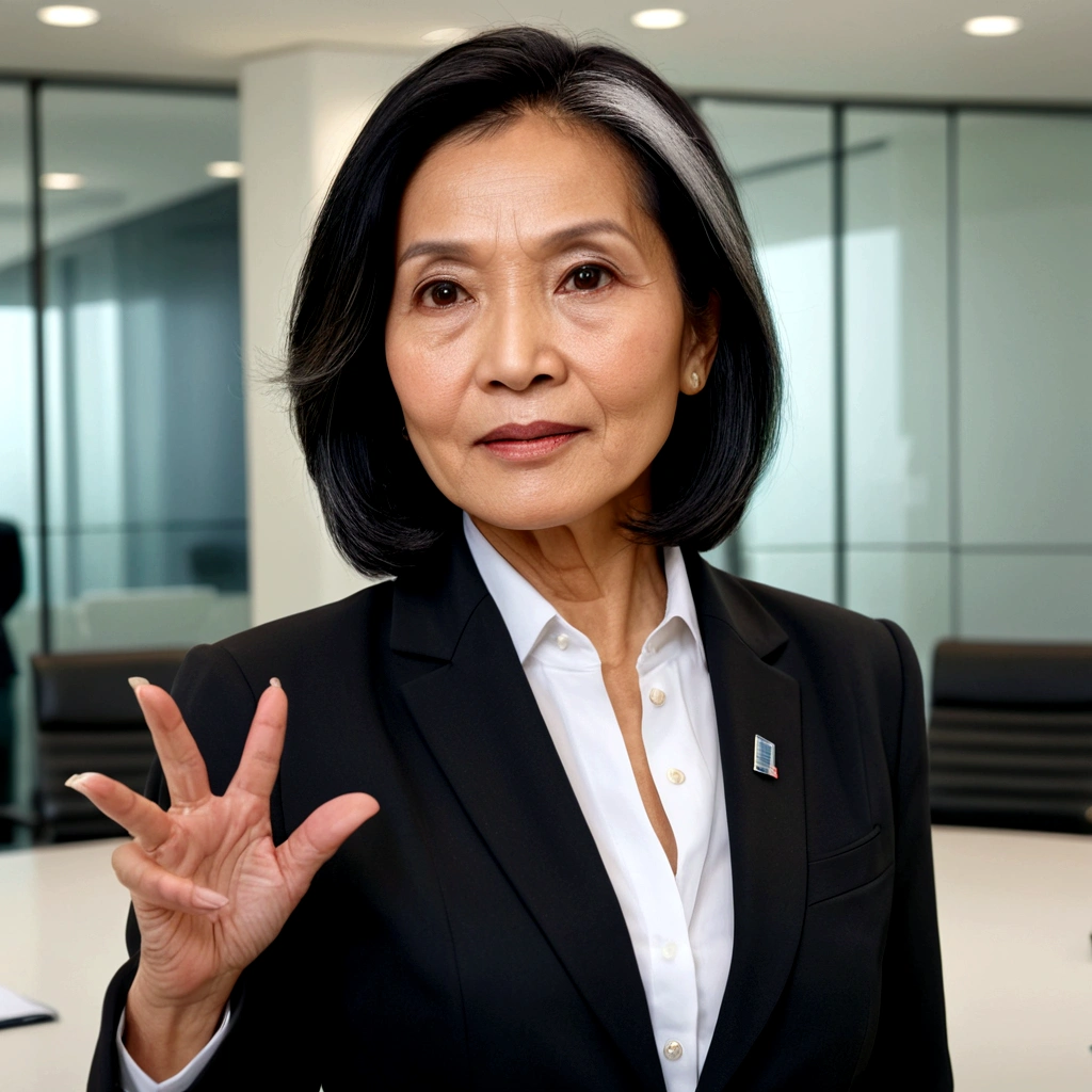 a sixty years woman, Indonesian face, sociologist, friendly, caring face, peaceful face, facing camera, black-metallic hair, shoulder length hair, fashion hair cut, black blazer, white shirt, standing-talking in an executive meeting, fantastic photoshot, dramatic angle, extremely detailed, uhd, 8k, dramatic light, infographic chart background