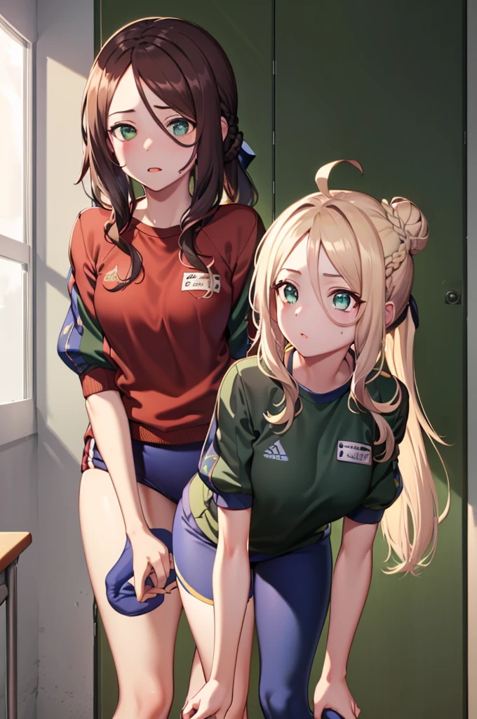 (1girl, fgonero, nero, ahoge, blonde hair, (green eyes:1.5), hair between eyes, hair intakes, braid, buruma, french braid, gym shirt, gym uniform, hair bun, headband, official alternate costume, red buruma, red headband, single hair bun, looking at viewer, standing, leaning forward, arms behind back, indoors, classroom, (masterpiece:1.2), best quality, high resolution, unity 8k wallpaper, (illustration:0.8), (beautiful detailed eyes:1.6), extremely detailed face, perfect lighting, extremely detailed CG, (perfect hands, perfect anatomy))