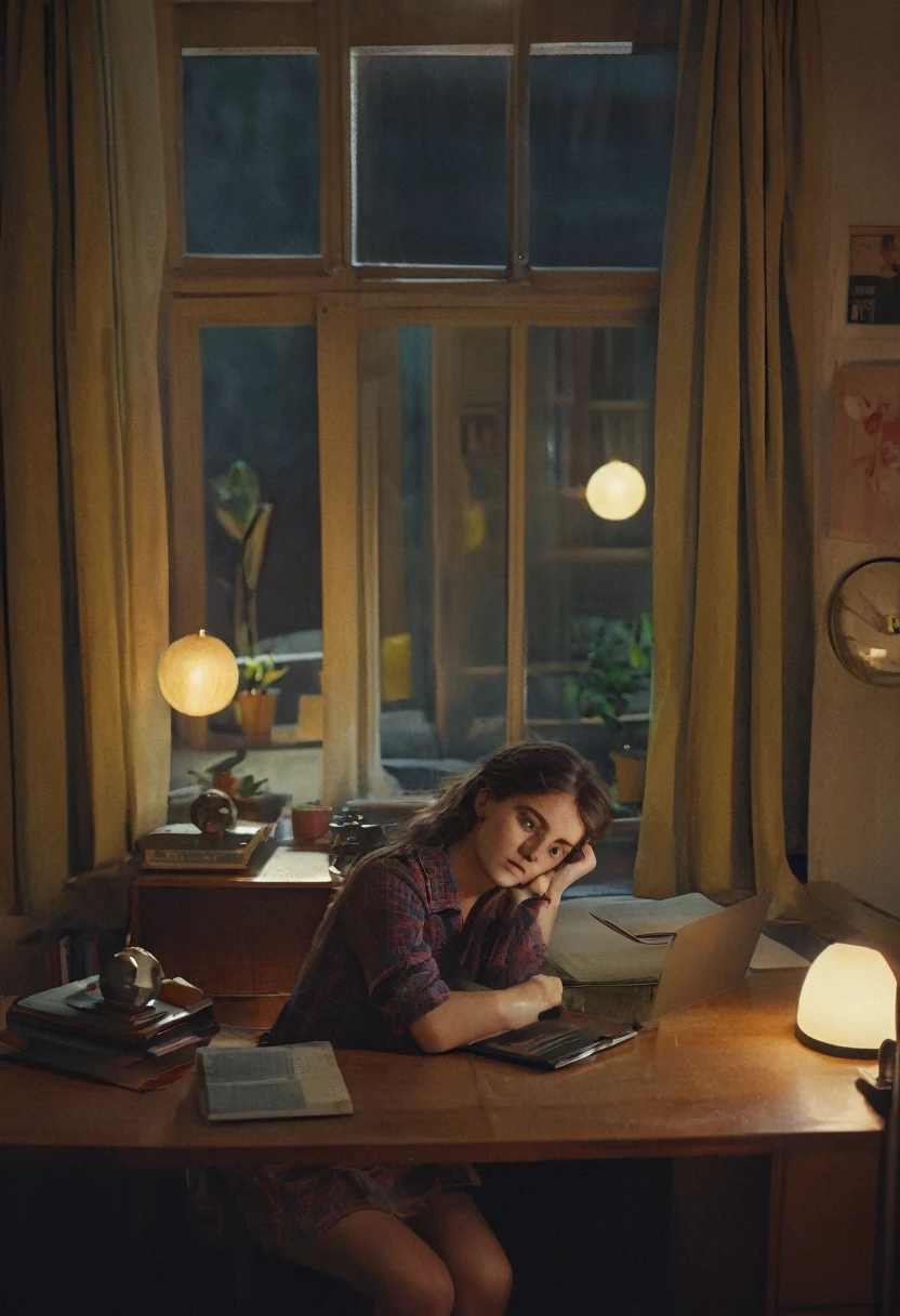 1970s theme, movie scene, 18yo girl, bedroom, desk, feminim room, realistic, looking at viewer, window, lost in thought, arms hugging the pilow, from above, dim light at cozy bedroom, cinematic, vintage color grading, 35 mm -
