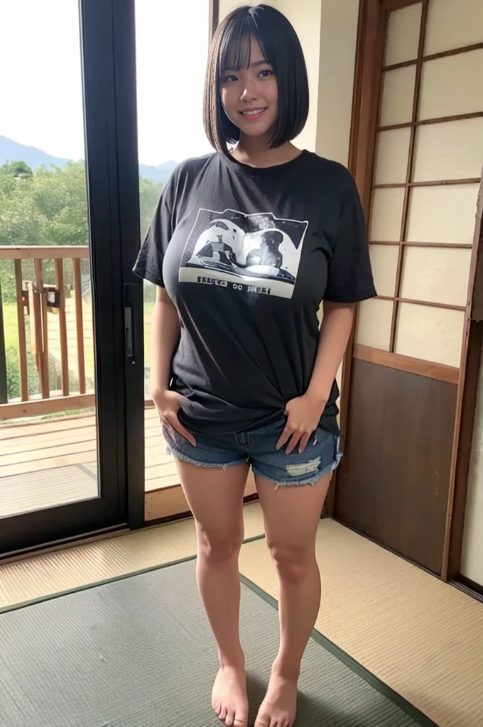 15yo girl, Black A-line bob cut, cute smile girl, (standing), (((oversized gray T-shirt))), denim shorts, barefoot, (((clothed huge breasts, huge breasts, sagging breasts,))), (((looking down))), symmetrical eyes, full body shot, washitsu, scenery, tatami, sliding doors, indoors, window,