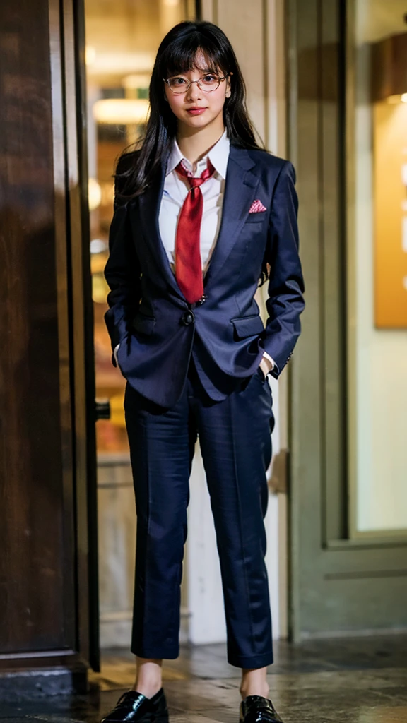 (8k、RAW Photos、highest quality、masterpiece:1.2)、(Realistic、Realistic)、1 girl、((large size black suit、red tie、rub my chest、pants suit、turn knees out、pelvic forward、over size suit、Woman grabs her own breasts、boyish、tom boy、public indecency、bend knees、 sexy suit、mens suit、large suit、hutanari 、grabbing breasts、 Leg spread、Bow-legged、Touching as if groping the breasts、Wide Stride、Leg spread、smile、plastic frame eyewear、sexy、I can see your chest、View from the front、Stand with hands on hips、In the city))、