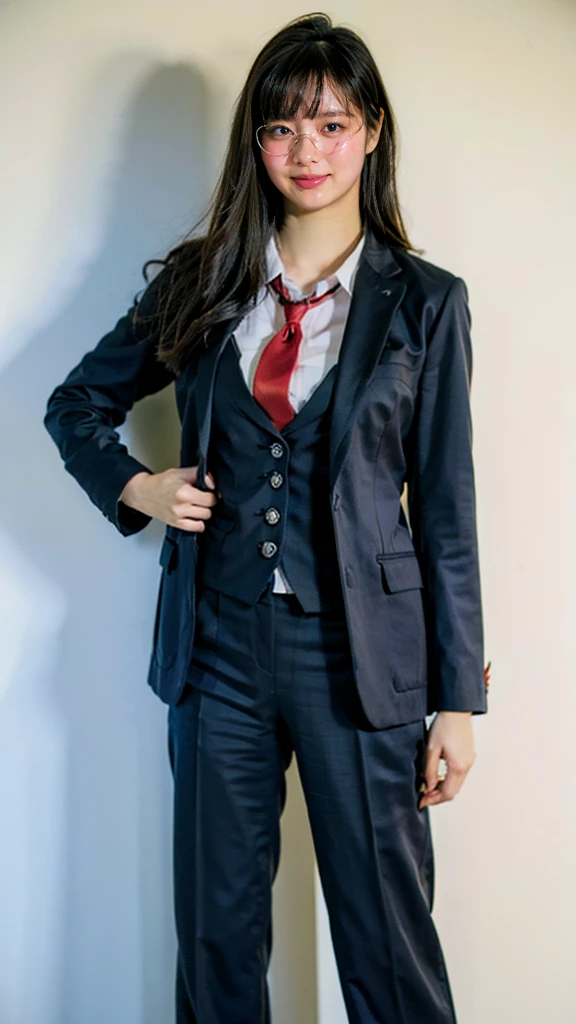 (8k、RAW Photos、highest quality、masterpiece:1.2)、(Realistic、Realistic)、1 girl、((large size black suit、red tie、rub my chest、pants suit、turn knees out、pelvic forward、over size suit、Woman grabs her own breasts、boyish、tom boy、public indecency、bend knees、 sexy suit、mens suit、large suit、hutanari 、grabbing breasts、 Leg spread、Bow-legged、Touching as if groping the breasts、Wide Stride、Leg spread、smile、plastic frame eyewear、sexy、I can see your chest、View from the front、Stand with hands on hips、In the city))、