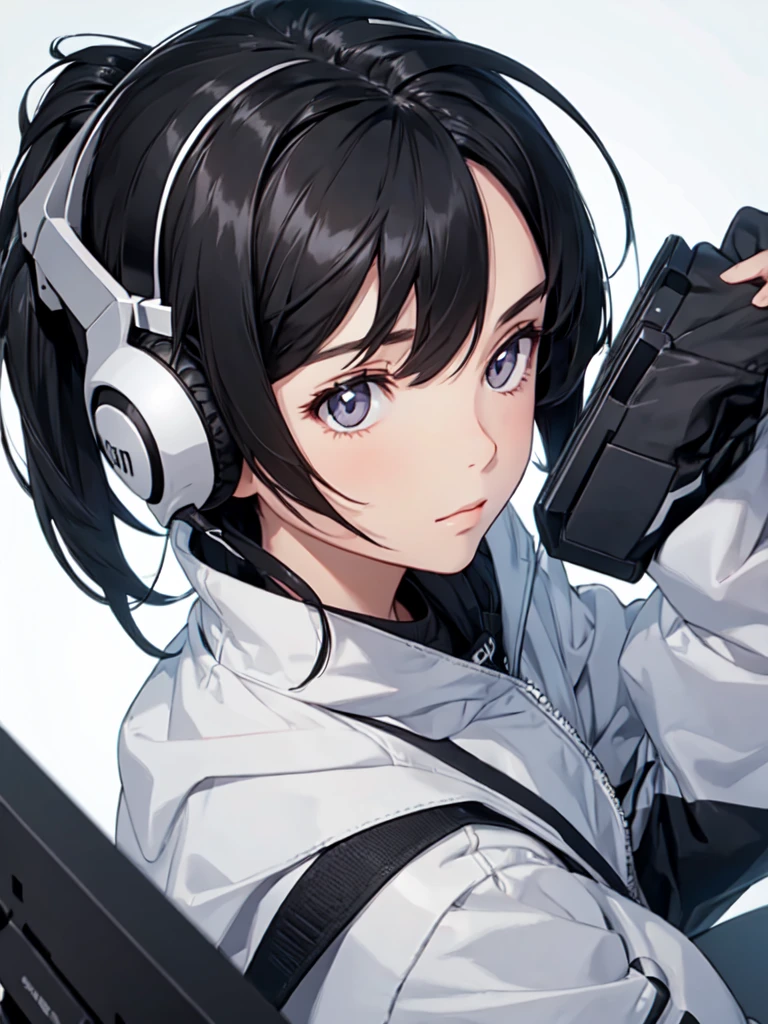 1girl,blank background,looking at viewer,silver eyes,black hair,gamer,headset