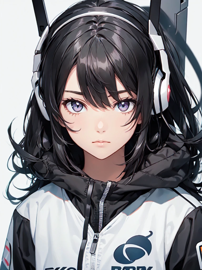 1girl,blank background,looking at viewer,silver eyes,black hair,gamer,headset