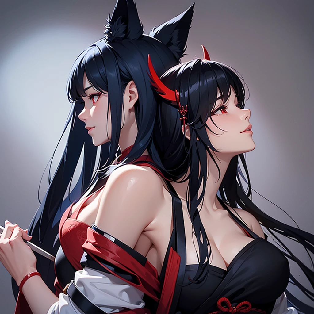 There is only one character。Mature Woman。A close-up of her cleavage from a profile angle。 Smiling and looking up。 Samurai ready to draw his sword。 Dark Background。 Long blue hair and wolf ears。Red eyes。 Clothes with main color black and sub color red。 Draw hands in detail。