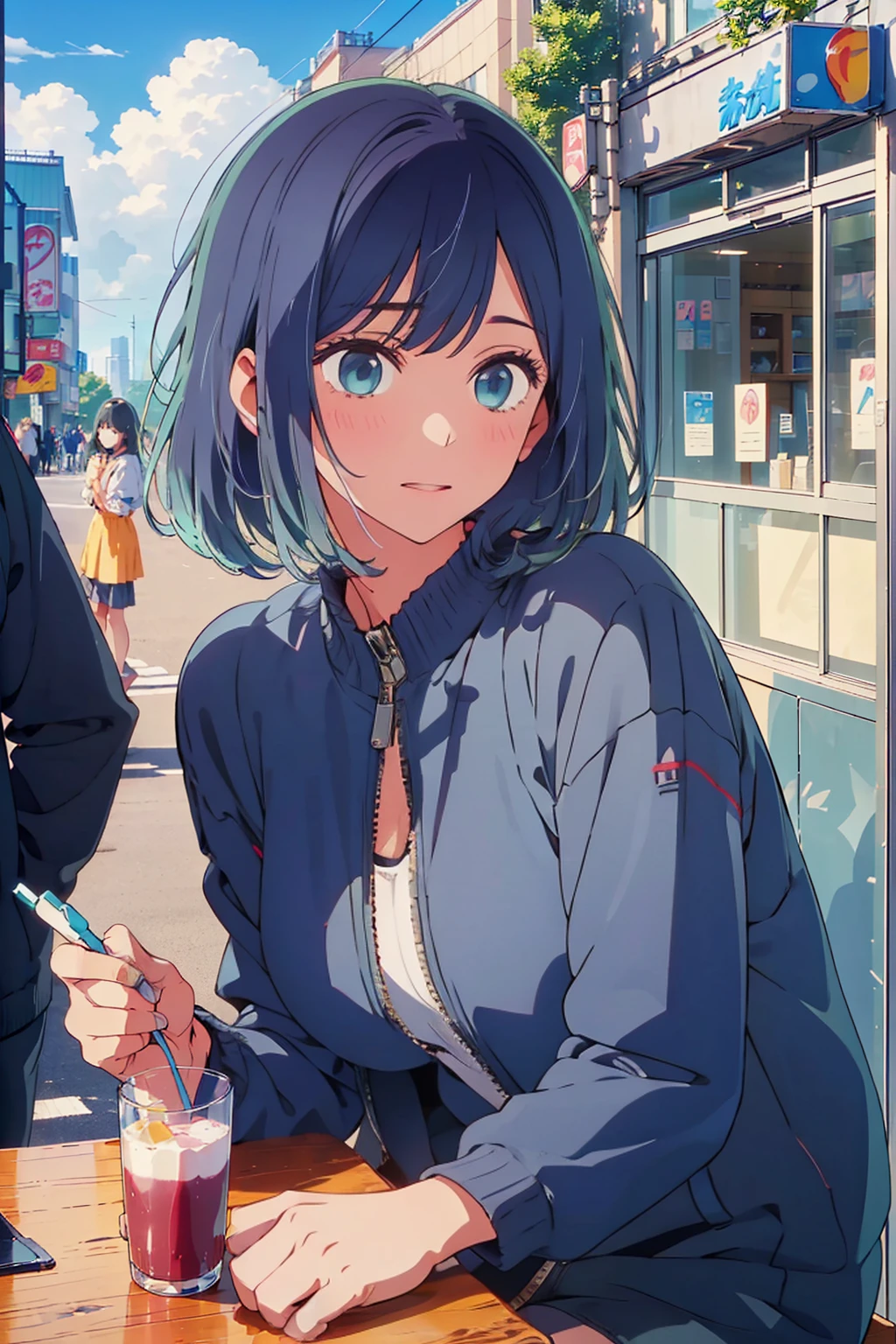 (Highest quality:1.4、masterpiece:1.4、超detailed:1.4、Ultra-high resolution:1.4、Absurd:1.4、Absolute Resolution:1.4、8K:1.4、detailed:1.4)、F cup bust、Big Breasts、Slim body、Very white beautiful skin、((((1 person、Surprised expression、sit、Chair、In the background are the urban buildings of Tokyo、looking at the camera、Outdoor café terrace、Navy hair color、juice、Shooting up close、Shooting from an angle、table、Very cute face))))、((((nude、very beautiful areola))))、(Pose with hands tucked behind ears:1.4、Cheek resting on hand:1.4)、((Off-the-shoulder blouson、Black blouson with zipper))、Very blue sky、A completely cloudless sky