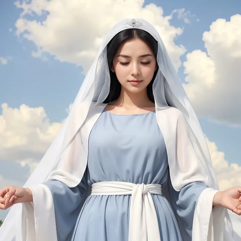 Beautiful woman with eyes closed, wearing gray tunic and white veil, long black hair