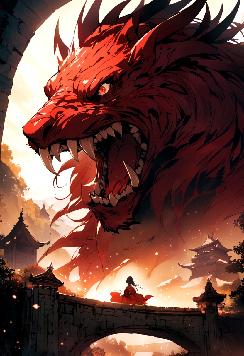 Japanese Yokai「Red Nyudo」Please write a scene where a man surprises a woman.。Red Nyudoは身長が高く、Have a red face、Wearing white tattered cloth。Only the face is visible through the fabric.。It has sharp eyes, a large mouth, and long, pointed claws.、The background is an old bridge。Orientation is landscape