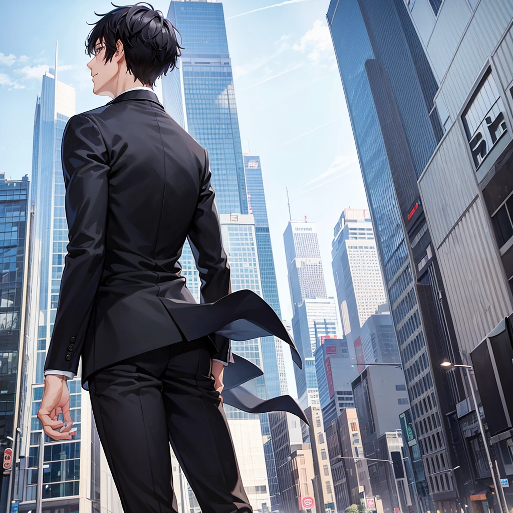 Anime black-haired man in a suit turns his back and stands in the city.