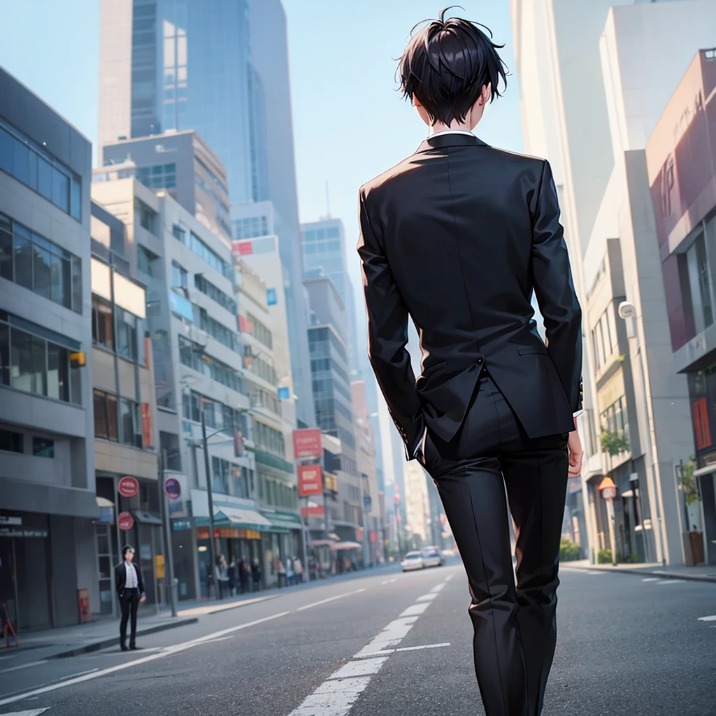 Anime black-haired man in a suit turns his back and stands in the city.